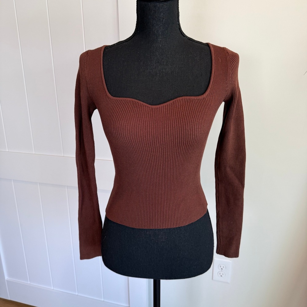 NWT Cider Chocolate Brown Ribbed Knit Sweetheart Neck Long Sleeve Top Size XS